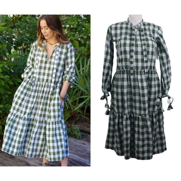 LJC Designs Bellagio Cotton Green Gingham Plaid Peasant Midi NEW Pullover Dress - Picture 9 of 10